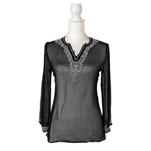 Vintage 100% Silk Sheer Top Women's S Black Beaded Goth Glam Whimsigoth Fairy